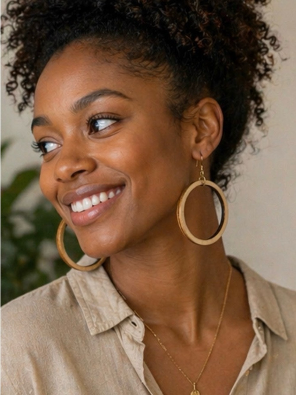 Layered Wood Hoop Earrings in Beige